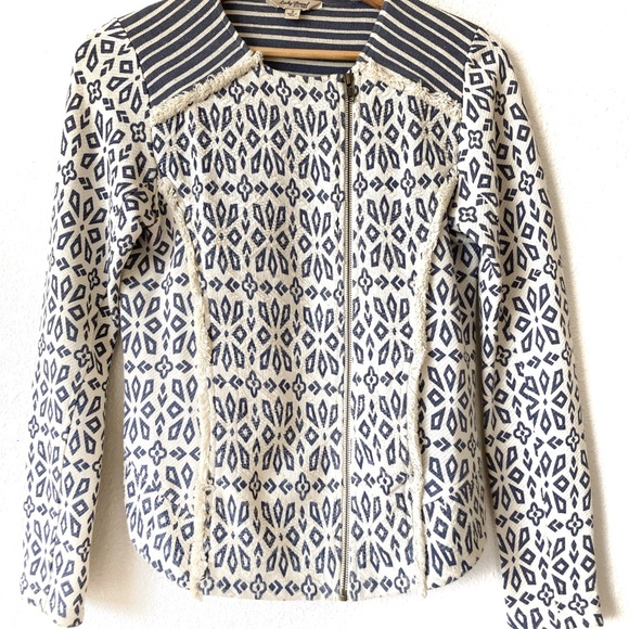 Lucky Brand Boho Cotton Jacket | Blue & Cream Print | Size Small | Zip Front - Picture 2 of 11